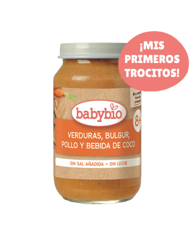 Trocitos de Verduras, Bulgur, Pollo y Bebida de coco